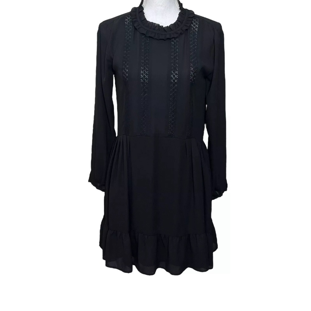 Aritzia Sunday Best Womens Raleigh Black Dress Ruffle‎ Neckline Long Sleeve XS